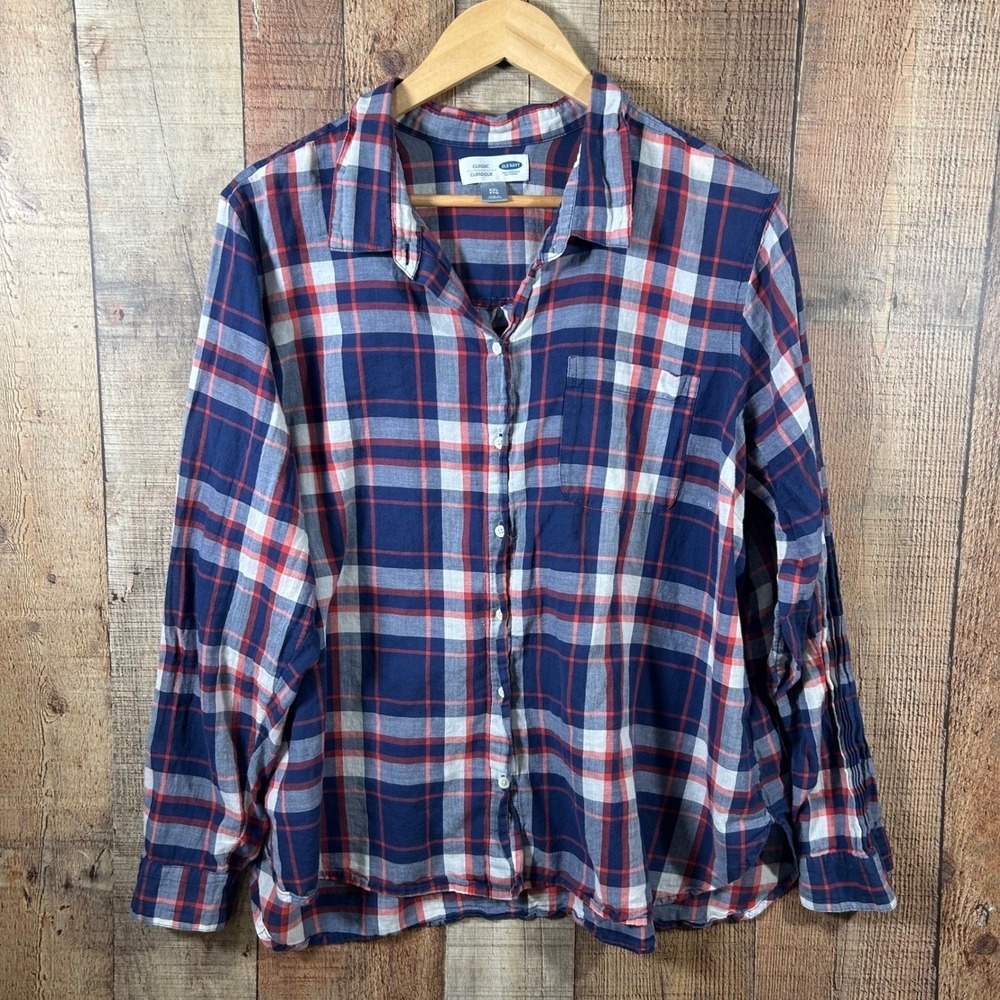 Old Navy Classic Fit Plaid Long Sleeve Button Up Shirt XXL Americana Patriotic